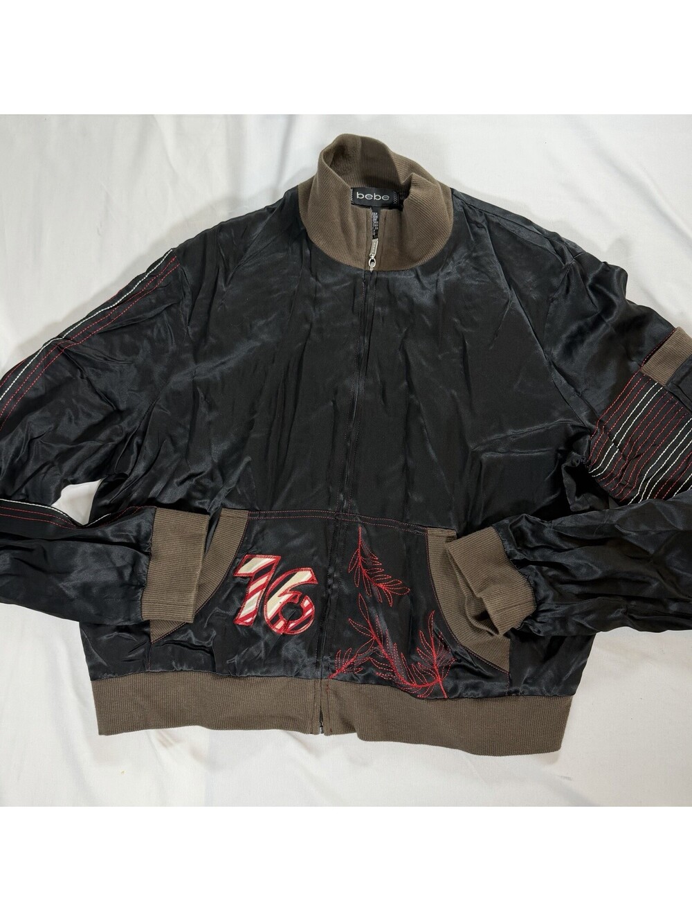 Bebe Black Silk Bomber Jacket with Embroidered Details
